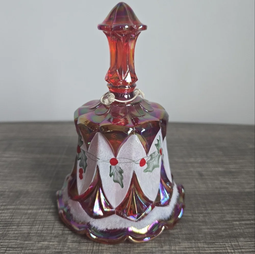 Fenton Vintage 1996 Ruby Red Carnival‎ Glass Handpainted Holiday Christmas Bell
